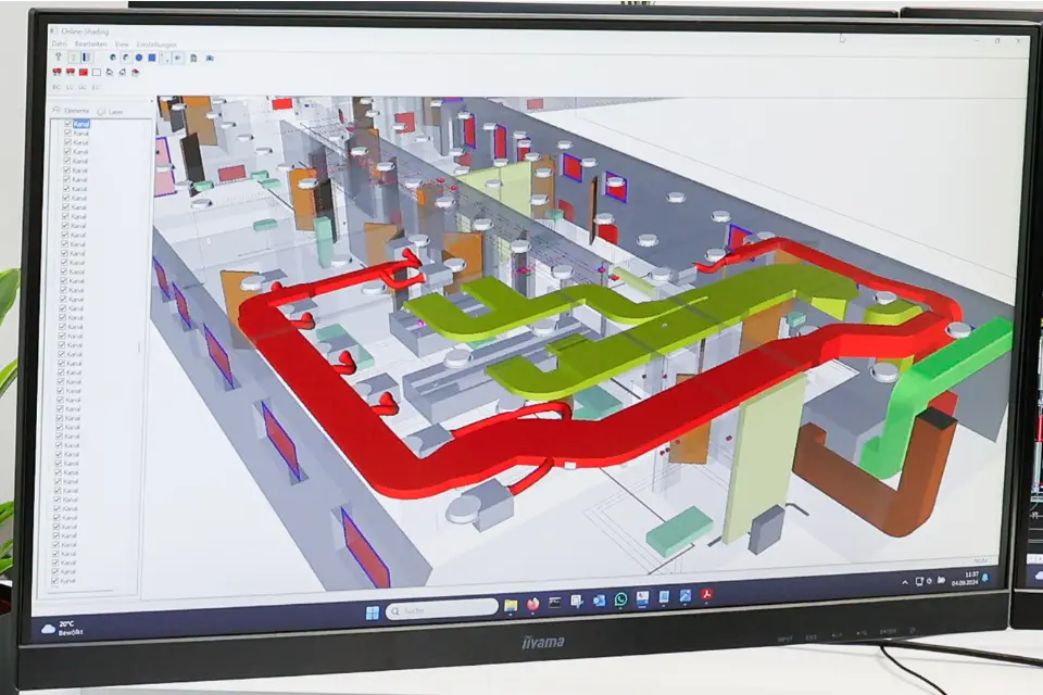 3D-BIM-Modell einer Lüftungsanlage am Bildschirm